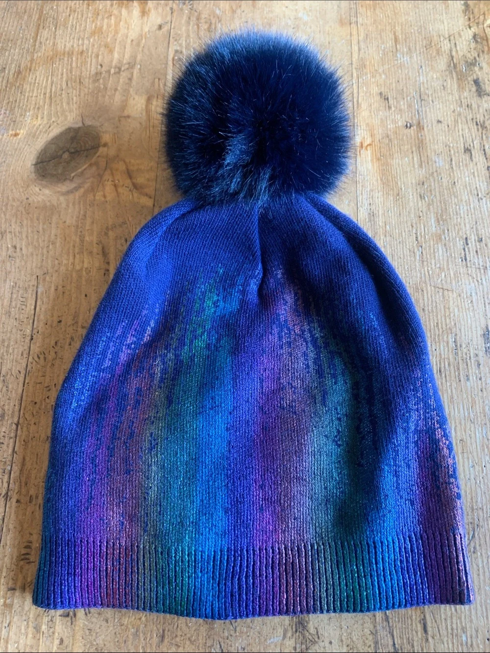 Adrienne Landau Womens Iridescent Navy Beanie with Pom
